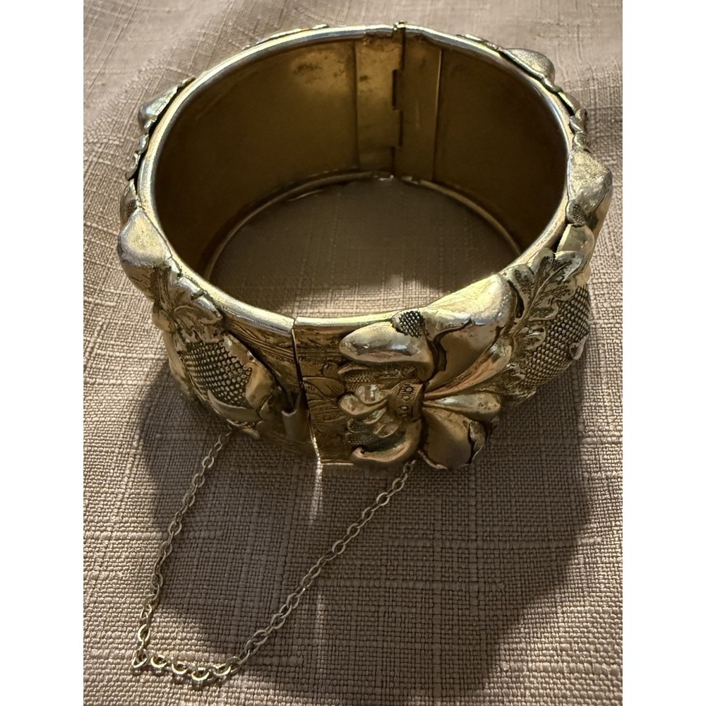 Vintage Vargas Gold Tone Wide Hinged Bracelet Floral Raised Design Safety Chain